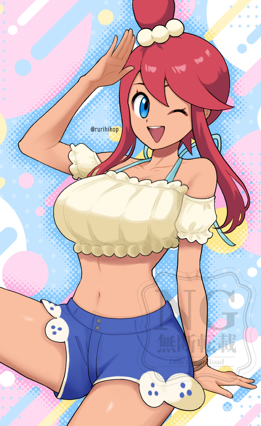 1girl ;d absurdres arm_up bare_shoulders beads blue_eyes blue_shorts breasts collarbone commentary_request eyelashes hair_beads hair_ornament happy highres midriff navel nintendo off-shoulder_shirt off_shoulder official_alternate_costume one_eye_closed one_side_up open_mouth pokemon pokemon_masters_ex red_hair rurihikop shirt short_shorts shorts sidelocks skyla_(pokemon) skyla_(summer_2025)_(pokemon) smile solo teeth twitter_username upper_teeth_only watermark yellow_shirt