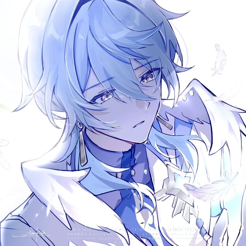 1boy blue_hair crying crying_with_eyes_open earrings feathered_wings gloves gold_earrings hair_between_eyes halo halo_behind_head head_wings highres honkai:_star_rail honkai_(series) jacket jewelry male_focus open_clothes open_jacket purple_shirt shirt short_hair sidelocks simple_background solo star_ornament sunday_(honkai:_star_rail) tears teeth upper_body watermark white_background white_gloves white_jacket wings yellow_eyes yoake_(rapis0291)