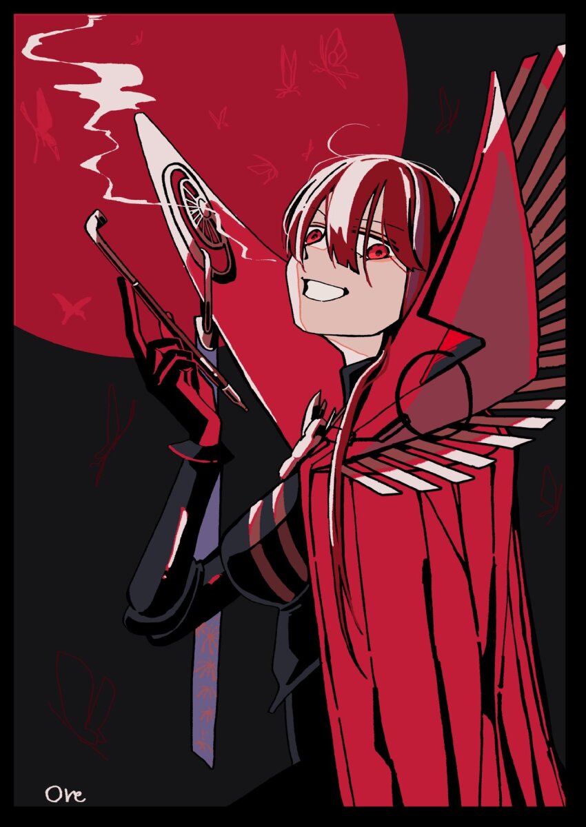 1girl black_background cape commentary_request fate/grand_order fate_(series) gloves goma1021 grin hair_between_eyes high_collar highres holding holding_smoking_pipe long_hair looking_at_viewer oda_nobunaga_(fate) oda_nobunaga_(maou_avenger)_(fate) red_cape red_eyes red_hair signature simple_background smile smoking smoking_pipe solo