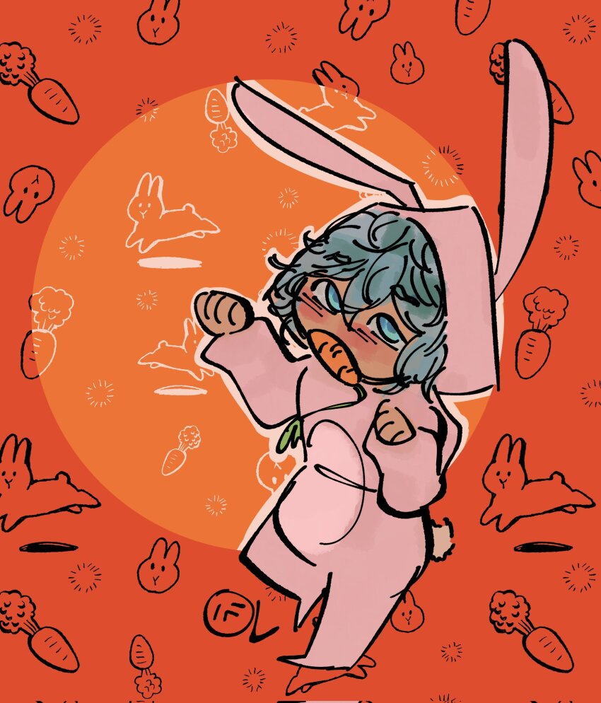1boy animal_ears animal_hood arms_up blue_eyes blue_hair carrot chibi cove_holden doodle_inset food_in_mouth hair_between_eyes halo halo_behind_head highres hood knee_up looking_at_viewer male_focus messy_hair onesie orange_background our_life:_beginnings_and_always rabbit_ears rabbit_tail sadlad03 short_hair solo tail