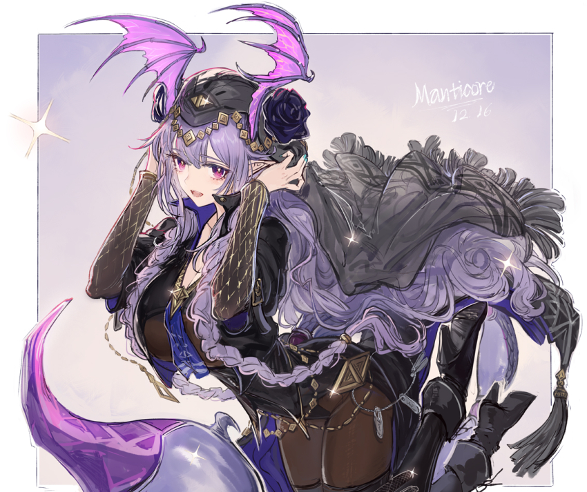 1girl arknights black_flower black_leotard black_rose black_veil bodystocking border breasts character_name commentary dated flower head_wings leotard manticore_(arknights) manticore_(under_a_veil)_(arknights) official_alternate_costume outside_border purple_eyes purple_hair rose ryuuzaki_ichi scorpion_tail solo sparkle tail veil white_border wings