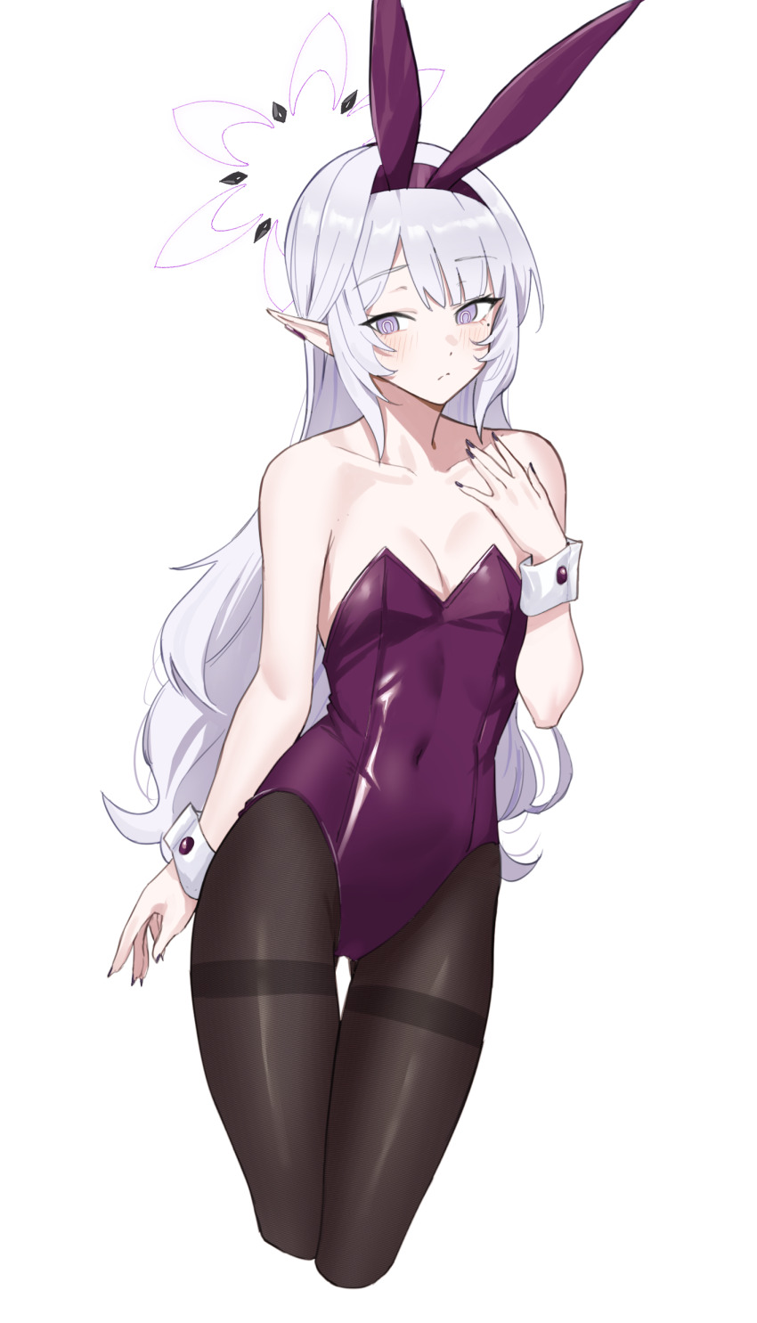1girl absurdres alternate_costume animal_ears bare_shoulders black_pantyhose blue_archive blush boyin breasts cleavage covered_navel cropped_legs fake_animal_ears hair_between_eyes halo highleg highleg_leotard highres himari_(blue_archive) leotard long_hair mole mole_under_eye pantyhose playboy_bunny pointy_ears purple_eyes purple_leotard rabbit_ears small_breasts solo white_background white_hair white_halo wrist_cuffs