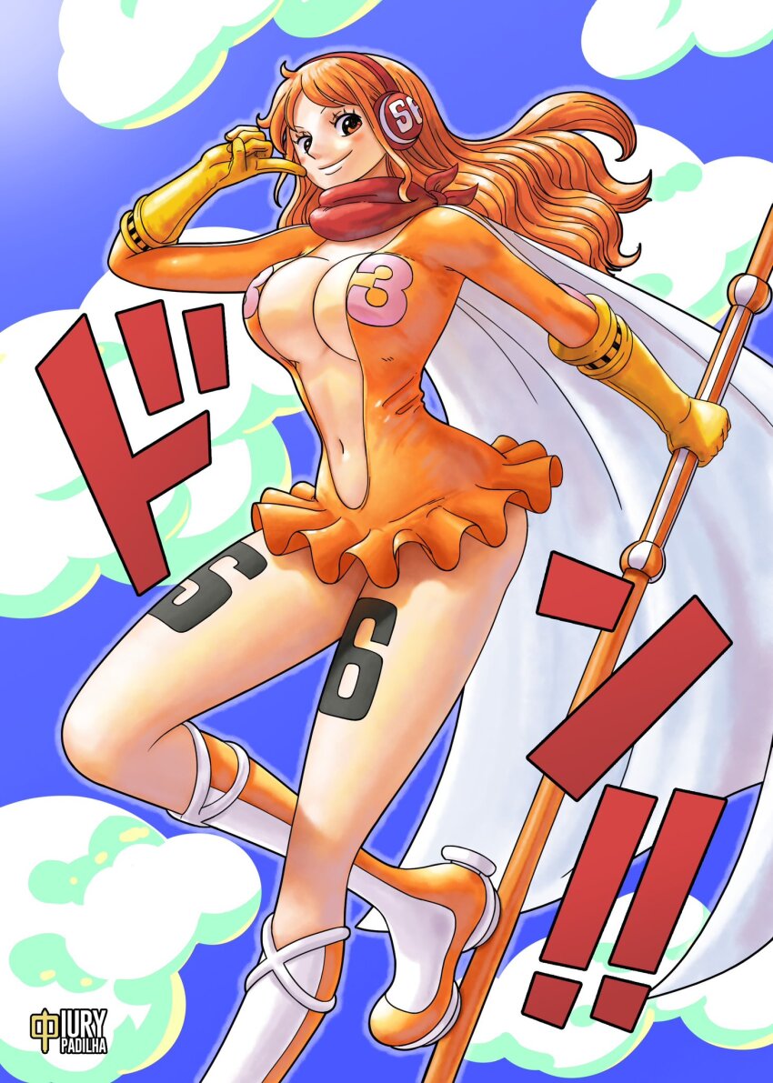 alternate_costume ascot blue_background blue_sky boots breasts cleavage clima-tact cloud cosplay dress fake_trading_card gloves hand_up headphones highres holding holding_staff iury_padilha knee_boots large_breasts leg_tattoo long_sleeves microdress multicolored_boots nami_(one_piece) number_tattoo oda_eiichirou_(style) official_style one_piece orange_boots orange_dress plunging_neckline red_ascot sky smile sound_effects staff tattoo two-tone_boots vinsmoke_reiju vinsmoke_reiju_(cosplay) white_boots yellow_gloves