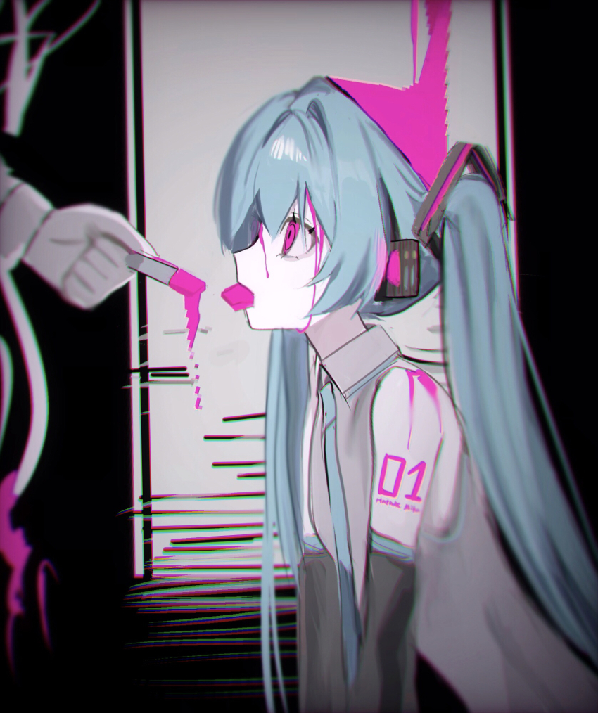 1girl aqua_hair chocolate detached_sleeves food hair_between_eyes hair_ornament hatsune_miku highres hiiragi_xoxo kusare_gedou_to_chokorewito_(vocaloid) long_hair necktie open_mouth pink_eyes pink_liquid shirt skirt solo twintails very_long_hair