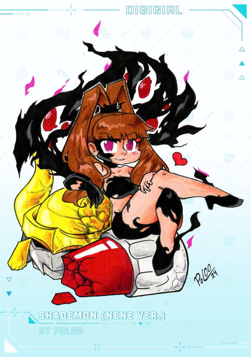 absurdres amano_nene_(digimon_xros_wars) corruption crossed_legs dark_persona darkknightmon digimon digimon_(creature) digimon_xros_wars hair_ornament hairclip heart highres long_hair looking_at_viewer ponytail possessed possession shademon shademon_(nene_ver.) sitting split_ponytail