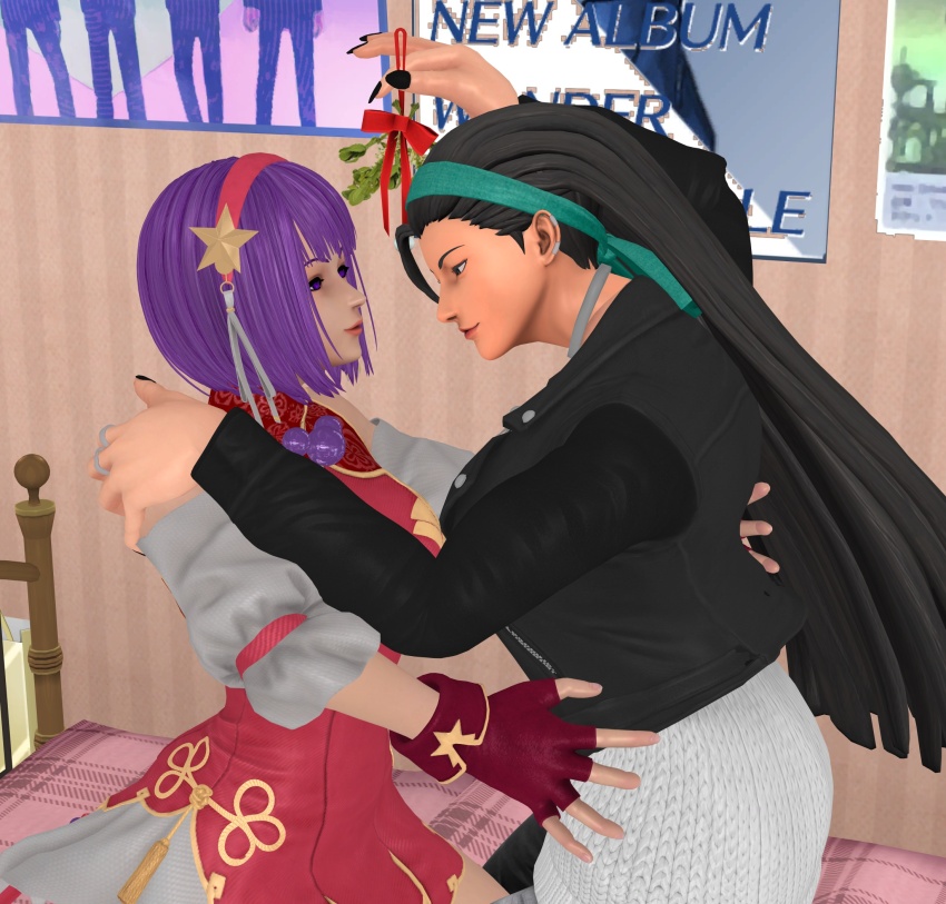 3d about_to_kiss asamiya_athena black_hair hair_ornament idol kagura_chizuru kiss lesbian_couple mistletoe priestess psycho_soldier purple_hair snk star_(symbol) star_hair_ornament the_king_of_fighters the_king_of_fighters_xv white_headgear xnalara_(medium) yuri