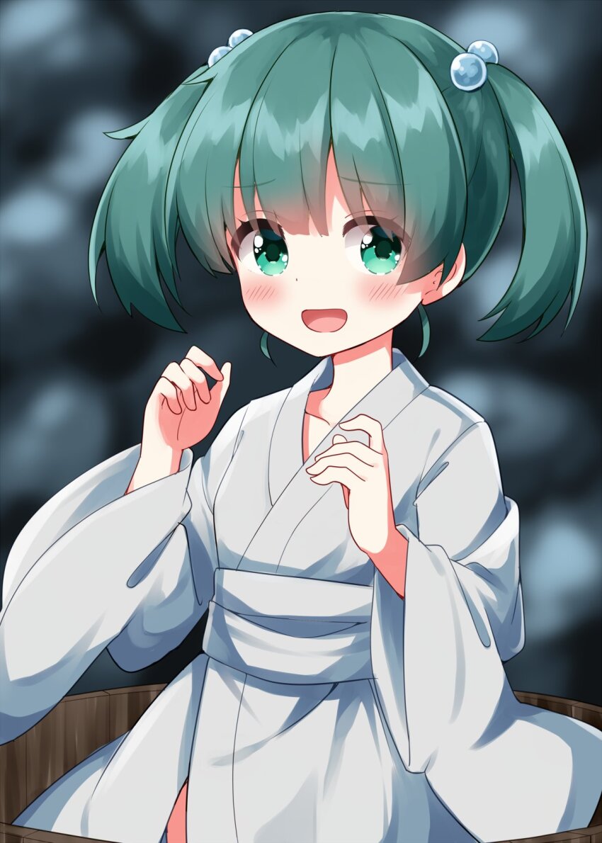1girl :d blunt_bangs blurry blurry_background blush bucket collarbone commentary cowboy_shot green_eyes green_hair hair_bobbles hair_ornament hands_up highres in_bucket in_container japanese_clothes kimono kisume long_sleeves looking_at_viewer open_mouth ruu_(tksymkw) short_hair smile solo touhou two_side_up white_kimono wide_sleeves