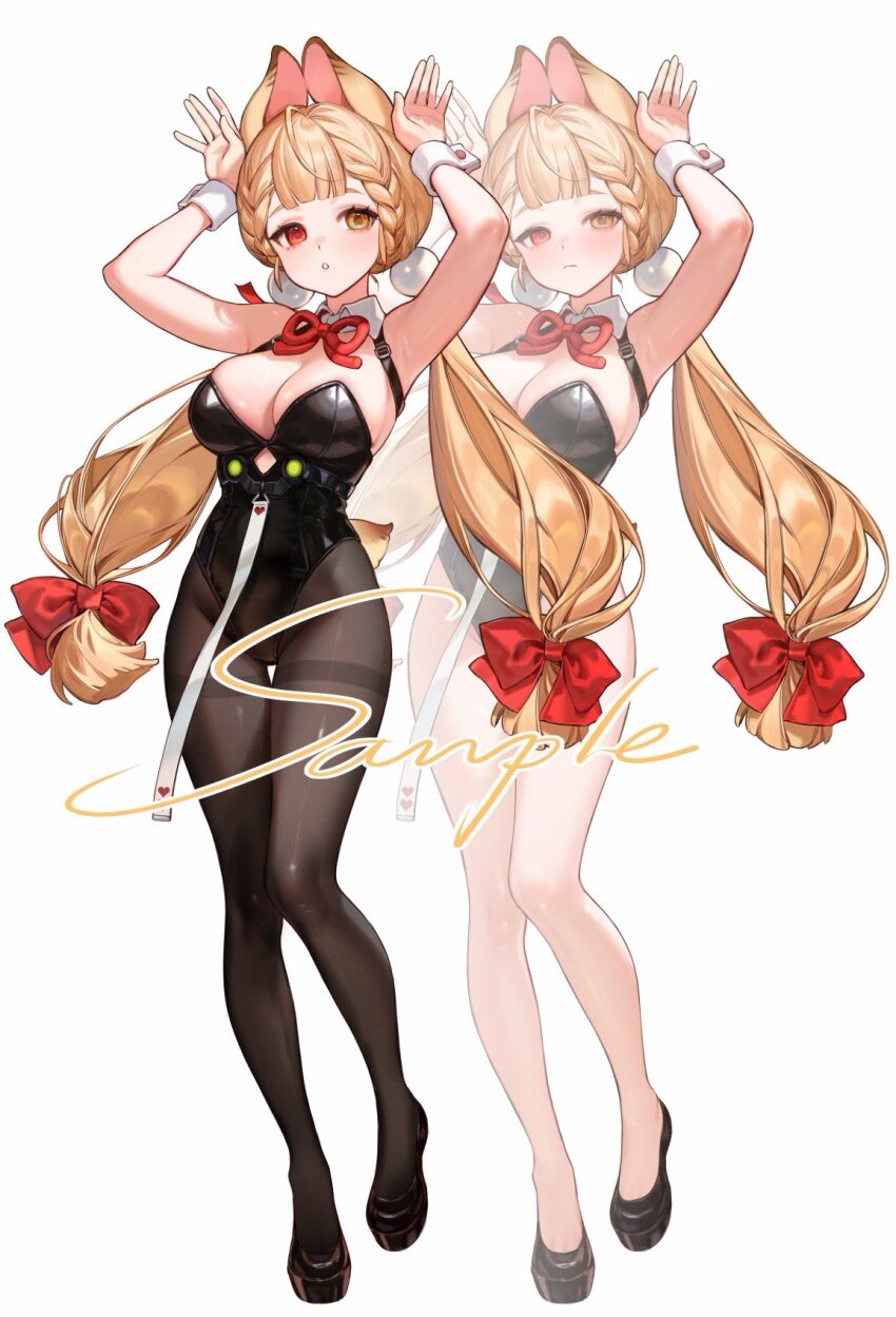 1girl alice_thymefield alternate_costume animal_ears armpits arms_up black_leotard black_pantyhose blonde_hair braid braided_twintails breasts closed_mouth clothing_cutout detached_collar hair_ornament heart_cutout heterochromia highres large_breasts leotard multiple_views pantyhose rabbit_ears rabbit_girl red_eyes simple_background smilesmile1312 sphere_hair_ornament strapless strapless_leotard twintails white_background wrist_cuffs yellow_eyes zenless_zone_zero