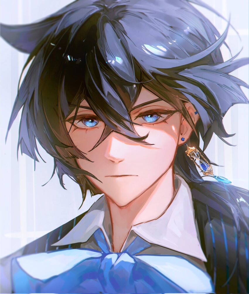 1boy black_hair black_jacket blue_bow blue_eyes bow collared_shirt commentary crossed_bangs double-parted_bangs earrings english_commentary eyelashes highres jacket jewelry male_focus open_clothes open_collar open_jacket piercing pinstripe_jacket pinstripe_pattern shirt short_hair single_earring solo suit_jacket upper_body vanitas_(vanitas_no_carte) vanitas_no_carte white_shirt wing_collar zieru