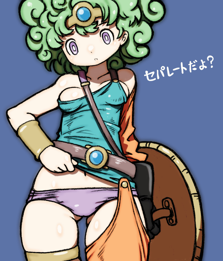 1girl bare_shoulders beeru_(veil8801) black_gloves blue_background blue_shirt breasts bright_pupils circlet clothes_lift collarbone curly_hair dragon_quest dragon_quest_iv gloves gluteal_fold gold_bracer gold_circlet gold_thighlet green_hair heroine_(dq4) highres holding holding_shield jewelry lifting_own_clothes medium_breasts navel orange_thighhighs panties purple_eyes purple_panties shield shirt shirt_lift short_hair simple_background single_bracer single_glove single_strap single_thighhigh solo thighhighs thighlet underwear white_pupils