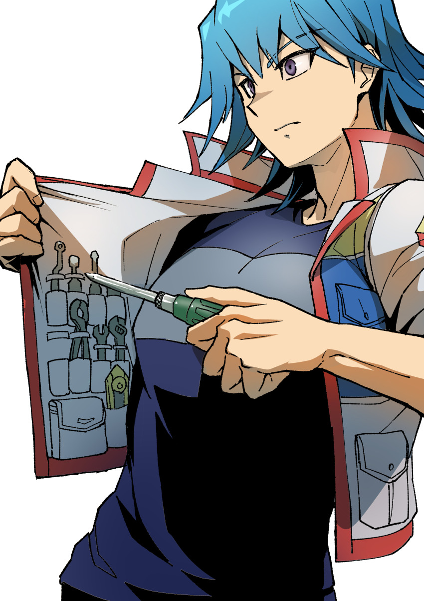 1boy absurdres blue_hair blue_shirt boxcutter bruno_(yu-gi-oh!) frown high_collar highres holding holding_screwdriver holding_tool jacket light_frown looking_to_the_side male_focus open_clothes open_jacket pocket pointing pointing_to_the_side purple_eyes screwdriver serious shirt short_hair simple_background solo t-shirt tools upper_body utility_vest vest white_background white_jacket wrench youko-shima yu-gi-oh! yu-gi-oh!_5d&#039;s