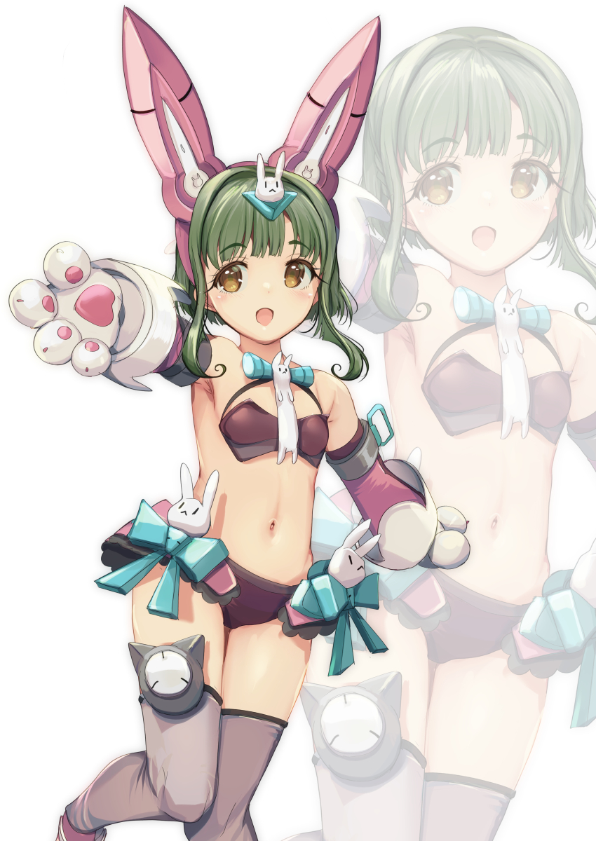 1girl absurdres adapted_costume animal_ear_hairband animal_ears animal_hands bikini bob_cut breasts brown_eyes cleavage fake_animal_ears gloves green_hair grey_thighhighs hairband highres kantai_collection multiple_views paw_gloves purple_bikini purple_skirt rabbit_ears short_hair short_hair_with_long_locks sidelocks simple_background skirt small_breasts swimsuit takanami_(kancolle) thighhighs white_background yashin_(yasinz) zoom_layer