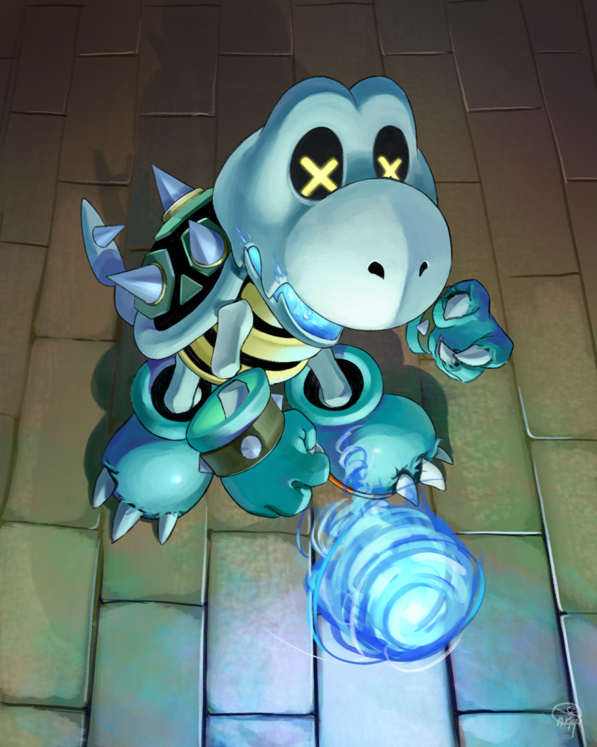 blue_fire breath_weapon breathing_fire brick_floor claws dry_bones enrike_(enrique_mr_blue) fire full_body gloves highres mario_(series) nintendo no_humans nostrils open_mouth skeleton solo spiked_shell symbol-shaped_pupils wrist_belt x-shaped_pupils yellow_eyes