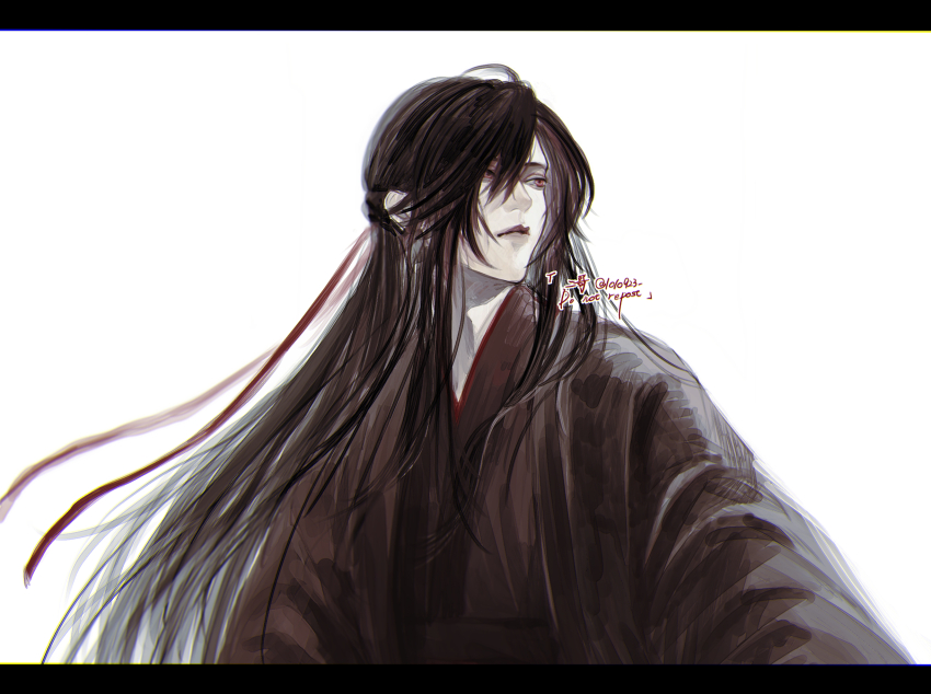 1010923 1boy ahoge black_hair black_hanfu chinese_clothes closed_mouth hair_between_eyes hair_down hair_ribbon half_updo hanfu headband highres letterboxed long_hair long_sleeves looking_to_the_side male_focus modao_zushi official_alternate_hairstyle red_eyes red_ribbon ribbon robe sidelocks simple_background solo twitter_username upper_body very_long_hair watermark wei_wuxian wei_wuxian_(yiling_laozu) white_background