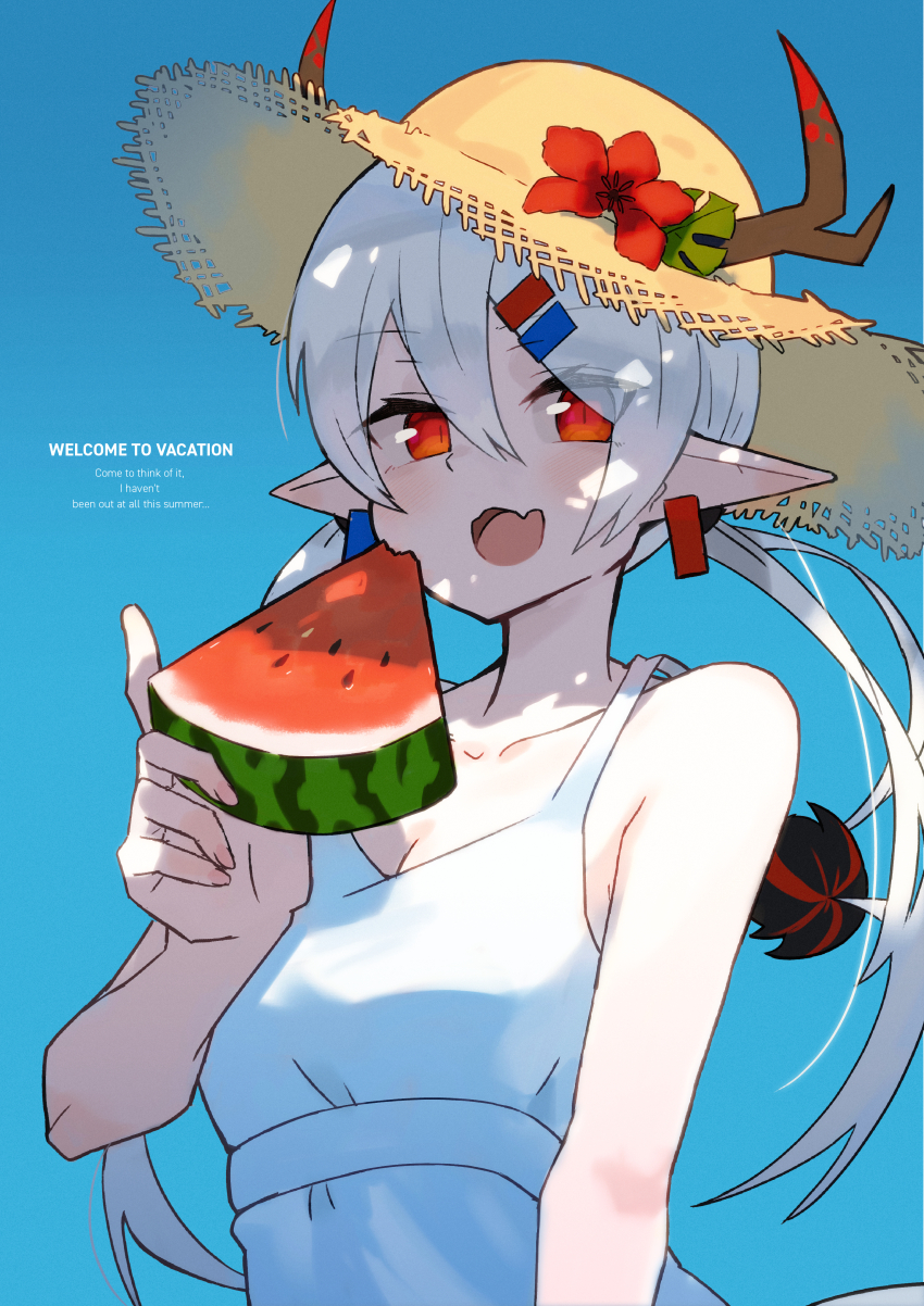1girl absurdres bare_shoulders bright_pupils collarbone dragon_girl dress earclip food fruit grey_hair hair_ornament hairclip hat highres holding holding_food holding_fruit holding_watermelon horns katsu_(katsupainter) long_hair looking_at_viewer open_mouth original pointy_ears red_eyes sarusawa_ikue sleeveless sleeveless_dress solo straw_hat summer twintails upper_body watermelon watermelon_slice white_dress white_pupils