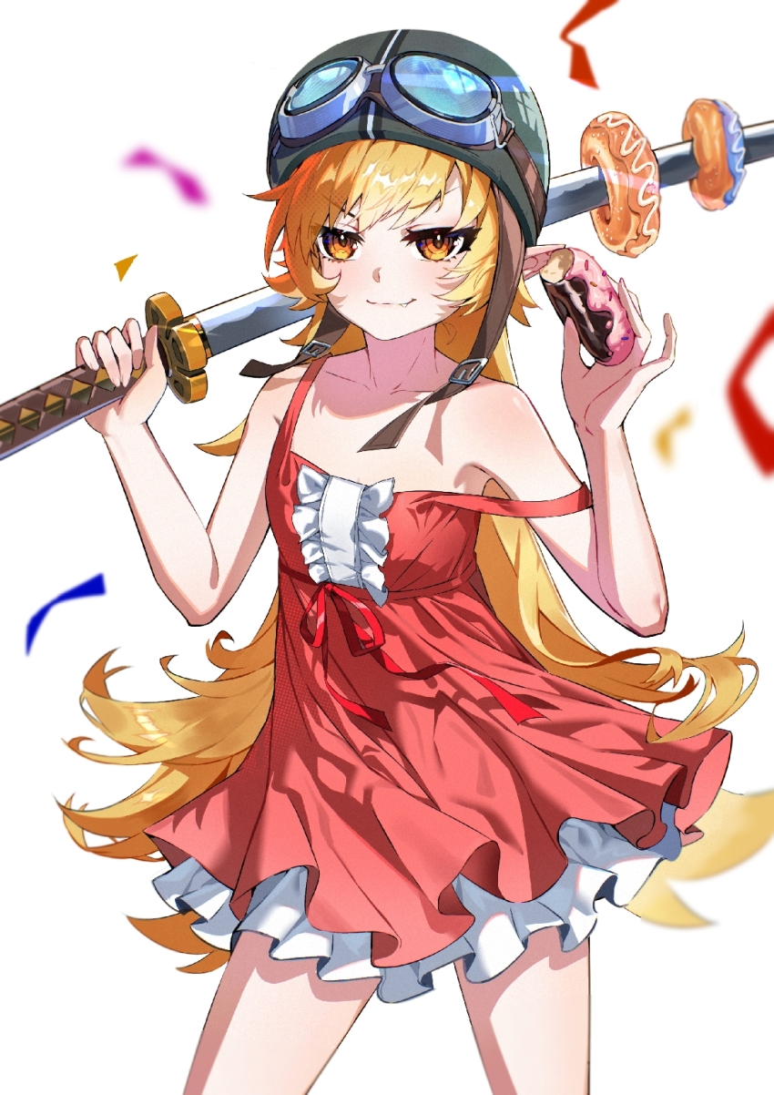1girl bare_arms bare_shoulders black_hat blonde_hair blush closed_mouth donut doufu_si_yi dress food goggles goggles_on_head hat helmet highres holding holding_donut holding_food holding_sword holding_weapon katana long_hair looking_at_viewer monogatari_(series) motorcycle_helmet oshino_shinobu pointy_ears red_dress sidelocks smile solo sword weapon yellow_eyes