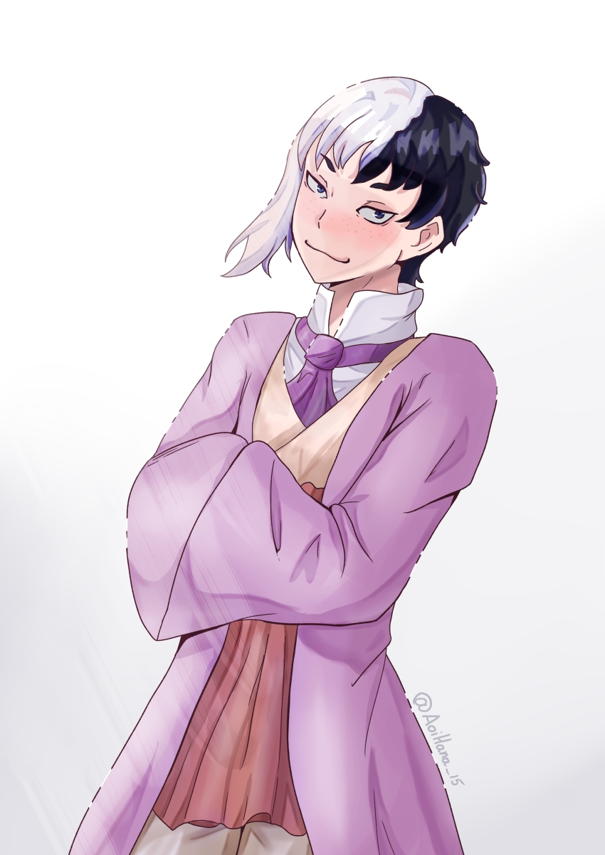 absurdres androgynous aoihana_15 asagiri_gen ascot asymmetrical_hair black_eyes black_hair blush closed_mouth coat cowboy_shot crossed_arms dr._stone highres long_sleeves looking_at_viewer male_focus multicolored_hair shirt short_hair smile solo split-color_hair two-tone_hair white_background white_hair white_shirt