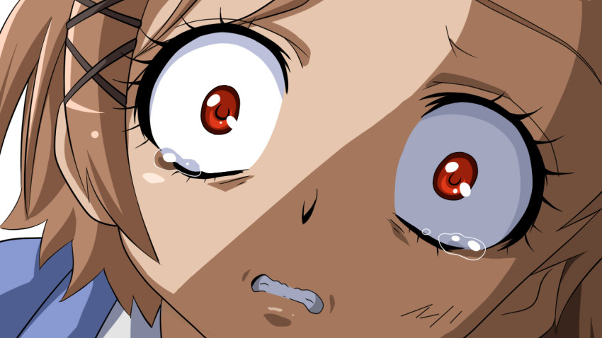 1girl accel_world brown_hair cat_hair_ornament constricted_pupils despair female_focus hair_ornament kurashima_chiyuri parody portrait precure red_eyes scared school_uniform short_hair smile_precure! solo tears yosibou