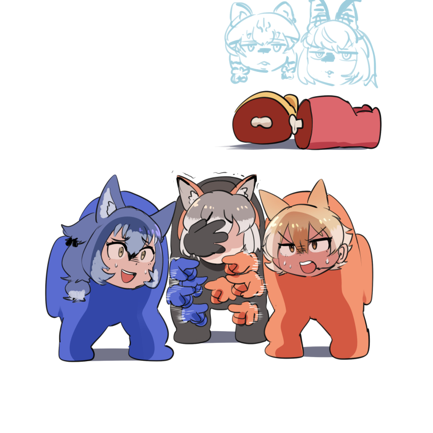 5girls among_us animal_ears bat_ears bat_girl blonde_hair blue_hair brown_hair brown_long-eared_bat_(kemono_friends) cat_ears cat_girl coyote_(kemono_friends) dire_wolf_(kemono_friends) extra_ears fox_ears fox_girl geoffroy&#039;s_cat_(kemono_friends) grey_hair highres island_fox_(kemono_friends) kemono_friends kemono_friends_v_project long_hair mcgunngu microphone multiple_girls parody ribbon short_hair simple_background twintails virtual_youtuber wolf_ears wolf_girl