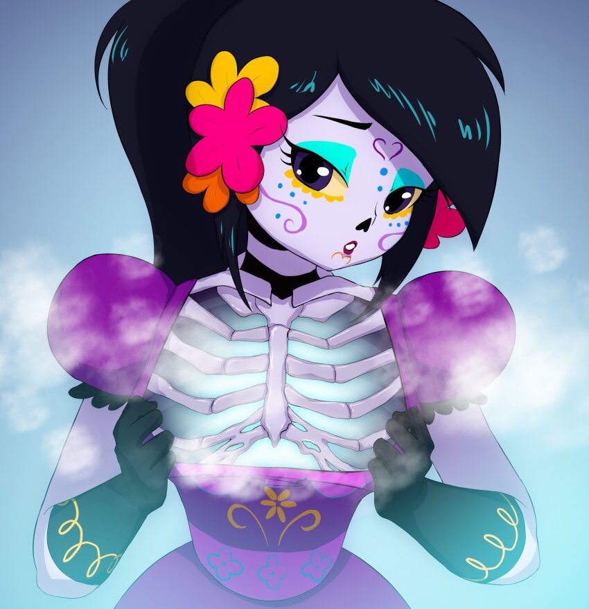 1girl absurdres black_gloves black_hair catalina_(catalina_la_catrina) catalina_la_catrina chromodomo clothes_pull colored_sclera dress dress_pull facial_mark flower forehead_mark gloves hair_flower hair_ornament highres makeup ponytail puffy_short_sleeves puffy_sleeves pulling_own_clothes purple_dress purple_eyes ribs sexually_suggestive short_sleeves solo steaming_body upper_body yellow_sclera
