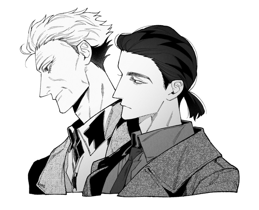 2boys blazer closed_mouth coat collared_shirt commentary_request expressionless formal_clothes gin_to_kin greyscale hair_slicked_back highres hirai_ginji husik_cm jacket korean_commentary looking_afar low_ponytail male_focus monochrome morita_tetsuo multiple_boys necktie old old_man pointy_nose ponytail profile shirt short_hair short_ponytail simple_background smile suit upper_body wrinkled_skin
