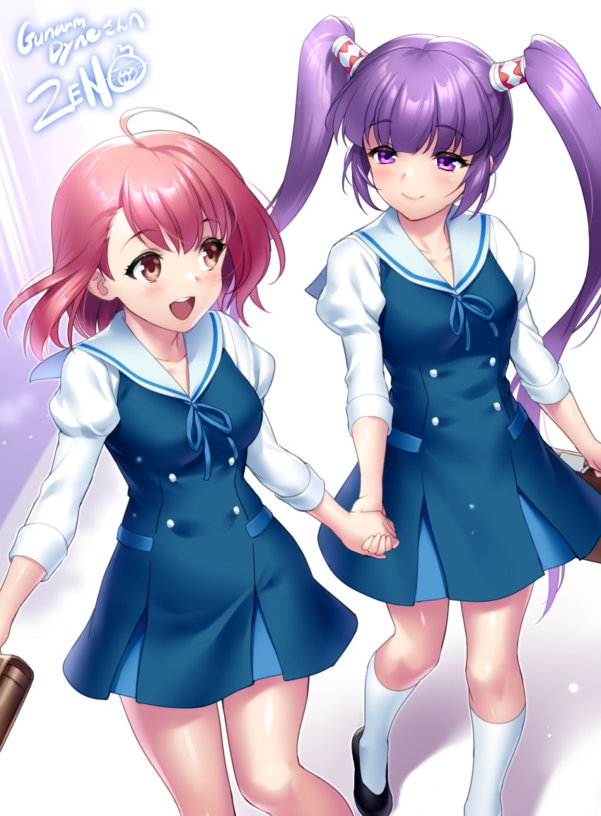 2girls absurdres ahoge alternate_costume blue_ribbon blush commission commissioner_upload crossover dress highres holding_hands momo_mizrahi multiple_girls pink_hair purple_eyes purple_hair ribbon school_uniform skeb_commission smile sophie_(tales) tales_of_(series) tales_of_graces twintails xenosaga yellow_eyes zen_(kamuro)