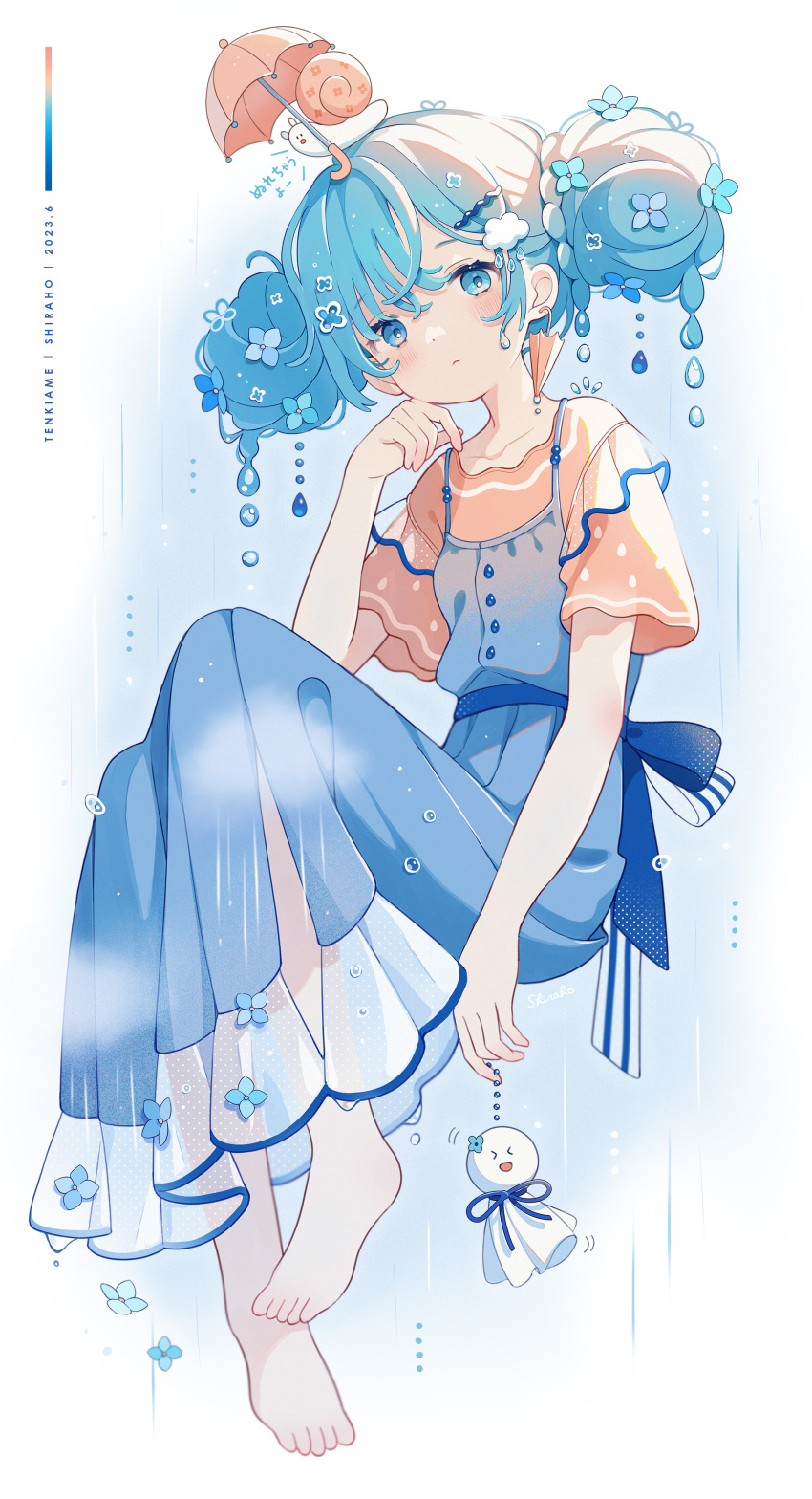 1girl absurdres artist_name barefoot blue_dress blue_eyes blue_flower blue_hair blush buttons cloud_hair_ornament collarbone dot_nose double_bun dress dripping feet flower frown full_body hair_bun hair_flower hair_ornament highres layered_clothes looking_at_viewer original pink_shirt polka_dot shiraho_(color-56) shirt short_hair short_sleeves simple_background snail solo translated umbrella white_background