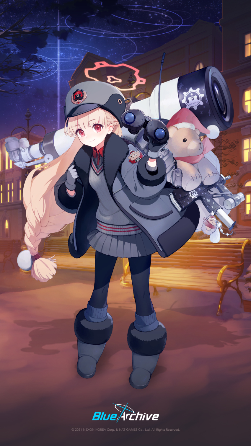 1girl absurdres binoculars black_pantyhose blonde_hair blue_archive multiple_expressions extended_magazine full_body gloves gun halo handgun hat highres jacket looking_at_viewer machine_pistol nodoka_(blue_archive) official_art official_wallpaper outdoors pantyhose personal_defense_weapon pistol pp-2000 red_eyes school_uniform smile stuffed_animal stuffed_toy submachine_gun teddy_bear telescope weapon winter_clothes