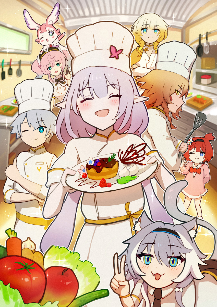 2boys 5girls :3 ;) aglaea_(honkai:_star_rail) animal_ears aqua_eyes blonde_hair bow bowtie cake carrot castorice_(chrysos_chef)_(honkai:_star_rail) castorice_(honkai:_star_rail) cat_ears cat_girl cat_tail chef chef_hat chocolate_cake chrysos_heirs_(honkai:_star_rail) cipher_(honkai:_star_rail) coat commentary_request dress food frying_pan hat highres holding holding_plate holding_spatula honkai:_star_rail honkai_(series) hyacine_(honkai:_star_rail) indoors isome kitchen long_hair medium_hair multiple_boys multiple_girls mydei_(chrysos_chef)_(honkai:_star_rail) mydei_(honkai:_star_rail) one_eye_closed phainon_(chrysos_chef)_(honkai:_star_rail) phainon_(honkai:_star_rail) pink_dress pink_fur pink_hair plate pointy_ears purple_hair red_bow red_bowtie red_hair short_hair smile spatula star-shaped_pupils star_(symbol) symbol-shaped_pupils tail thumbs_up tomato tribbie_(honkai:_star_rail) twintails v white_coat white_dress white_hair