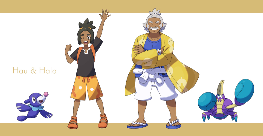 2boys ;d arm_up banned_artist belt blue_shirt coat collarbone commentary_request crabrawler crossed_arms dark-skinned_male dark_skin facial_hair floral_print forgotten_artist gen_7_pokemon grandfather_and_grandson grey_hair grin hala_(pokemon) hau_(pokemon) highres long_sleeves looking_at_viewer male_focus multiple_boys mustache nintendo one_eye_closed open_clothes open_coat open_mouth orange_footwear orange_shorts pokemon pokemon_(creature) pokemon_sm popplio sandals shirt shoes short_hair shorts smile spread_fingers standing teeth toes tongue upper_teeth_only white_belt white_shorts yellow_coat