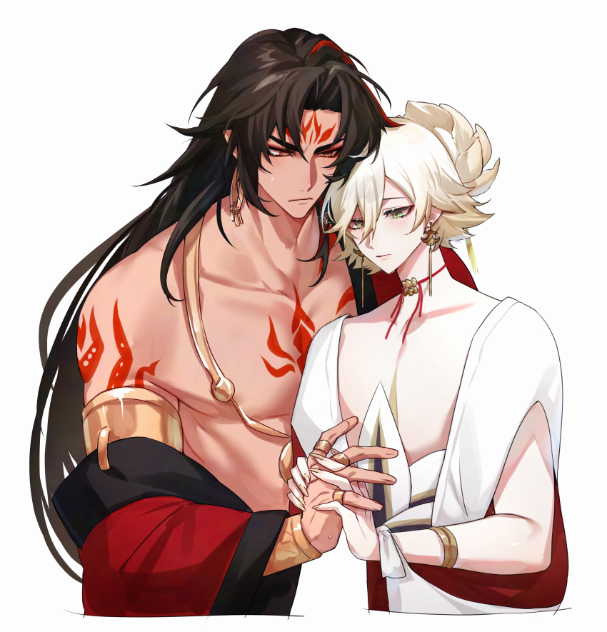 2boys absurdres arm_tattoo asura_(onmyoji) bishounen black_hair blonde_hair chest_tattoo closed_mouth commentary earrings eyeliner facial_mark green_eyes height_difference highres holding_hands jewelry konsai_2 long_hair makeup male_focus multicolored_hair multiple_boys multiple_rings onmyoji red_eyeliner red_eyes red_hair red_tattoo ring short_hair simple_background streaked_hair symbol-only_commentary taishakuten_(onmyoji) tattoo toned toned_male two-tone_hair upper_body white_background