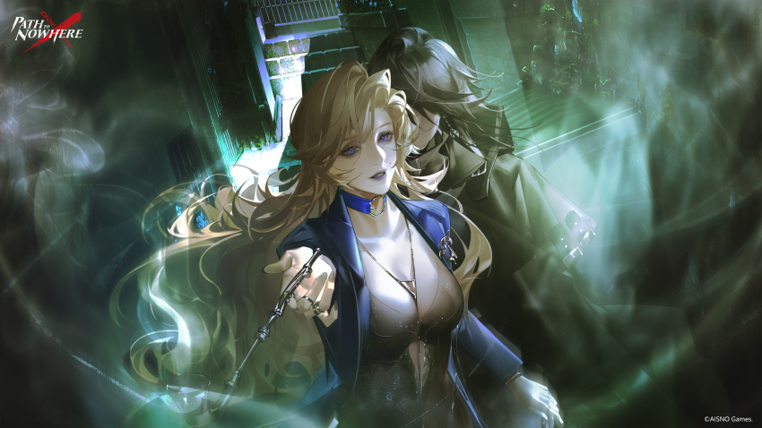 2girls absurdres artist_request black_chemise black_coat black_lips blonde_hair blue_choker blue_eyes blue_jacket bracelet breasts character_request chemise choker cleavage coat commentary copyright_name copyright_request earrings english_commentary faceless faceless_female facial_scar highres holding holding_smoking_pipe jacket jewelry lace-trimmed_chemise large_breasts long_hair mole mole_on_cheek multiple_girls multiple_rings necklace necklace_between_breasts o-ring o-ring_choker official_art open_clothes open_jacket outstretched_hand path_to_nowhere ring scar scar_on_cheek scar_on_face smoking_pipe vautour_bleu_(path_to_nowhere)