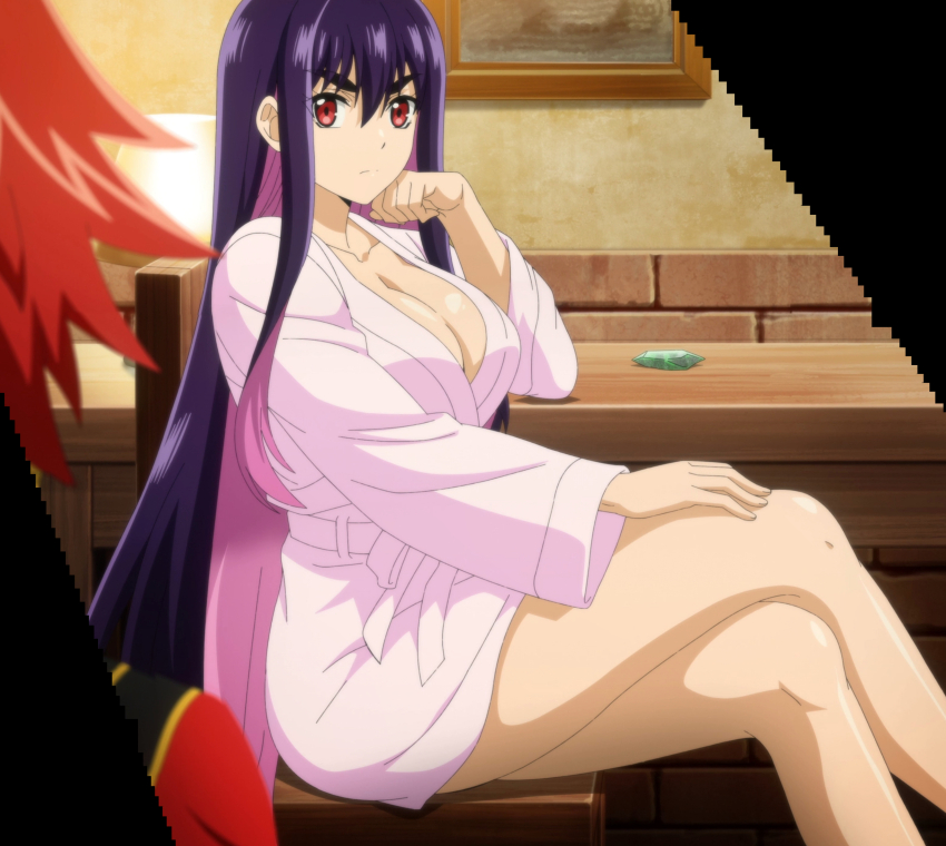 1boy 1girl absurdres angry anime_screenshot asagaki_toogo bare_legs bathrobe black_hair breasts brick brick_wall chair cleavage clenched_hand collarbone colored_inner_hair crossed_legs elbow_rest feet_out_of_frame gem hand_on_own_cheek hand_on_own_chin hand_on_own_face hand_on_own_leg head_rest highres idola_avorn indoors lamp large_breasts long_hair long_sleeves looking_at_another multicolored_hair picture_frame pink_hair purple_hair red_eyes red_hair sentai_red_ga_isekai_de_boukensha_ni_naru sitting solo_focus stitched table thick_eyebrows thighs third-party_edit two-tone_hair wooden_chair