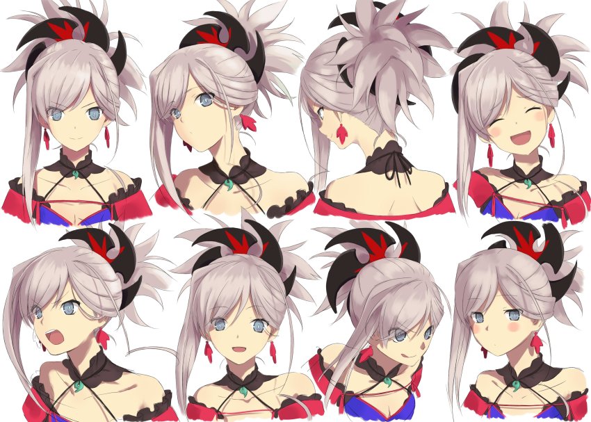 1girl :d absurdres angry asymmetrical_hair bare_shoulders blue_eyes blue_kimono blush breasts cleavage closed_eyes collarbone detached_collar detached_sleeves earrings multiple_expressions faces facial_expressions facing_viewer fate/grand_order fate_(series) from_behind hair_ornament highres japanese_clothes jewelry kimono laika_(sputnik2nd) laughing licking_lips looking_at_viewer magatama miyamoto_musashi_(fate) miyamoto_musashi_(second_ascension)_(fate) multiple_views necklace open_mouth pink_hair ponytail short_kimono sleeveless sleeveless_kimono smile tongue tongue_out upper_body white_background wide_sleeves