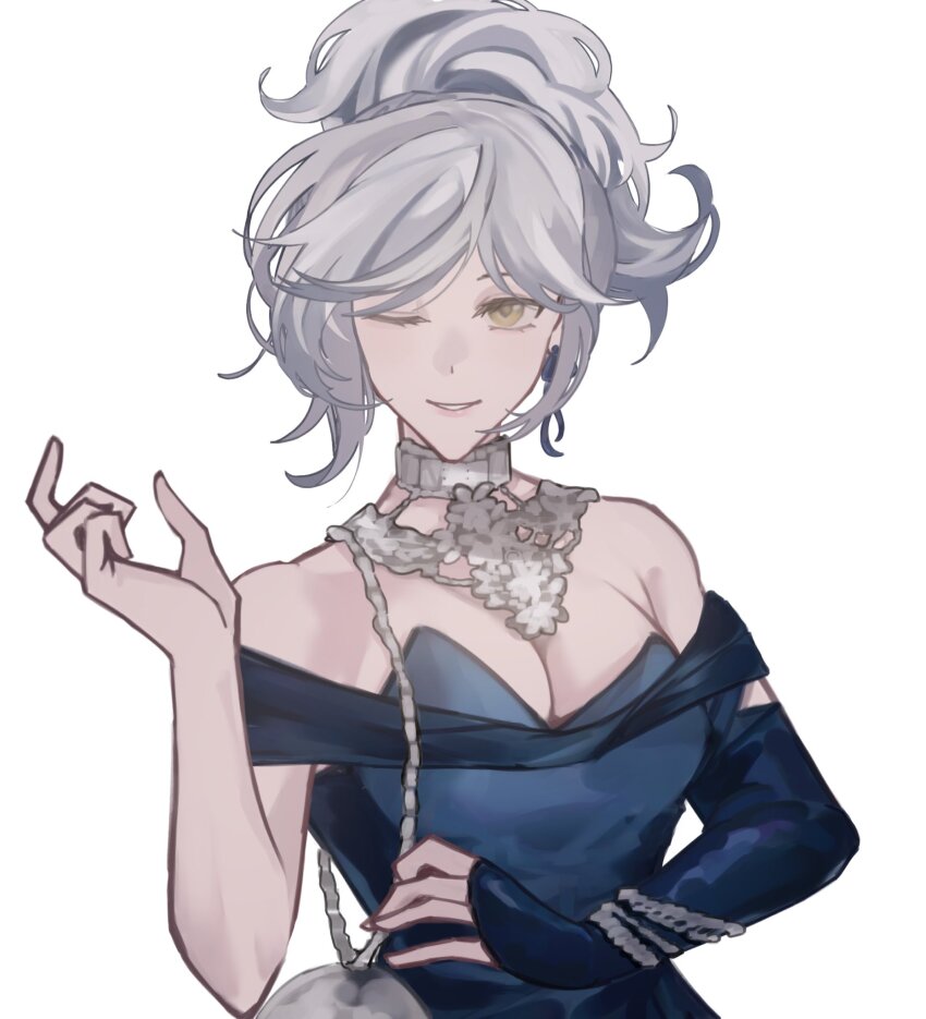 1girl ;) bag bare_shoulders blue_bridal_gauntlets blue_dress breasts bridal_gauntlets cleavage dress eternity_(reverse:1999) gloves grey_hair grin hands_up highres jellyfish_earrings jewelry medium_breasts necklace off-shoulder_dress off_shoulder one_eye_closed ponytail reverse:1999 short_hair shoulder_bag single_bridal_gauntlet single_glove smile solo upper_body white_background wilson_(wilson1151487) yellow_eyes