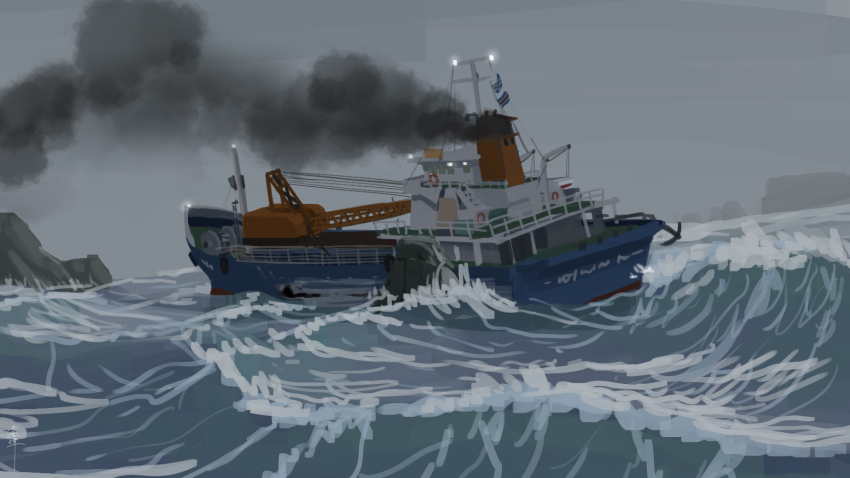 boulder commentary_request crane_(machine) highres no_humans ocean one-hour_drawing_challenge original overcast scenery ship signature sky smoke smokestack tateyuki watercraft waves