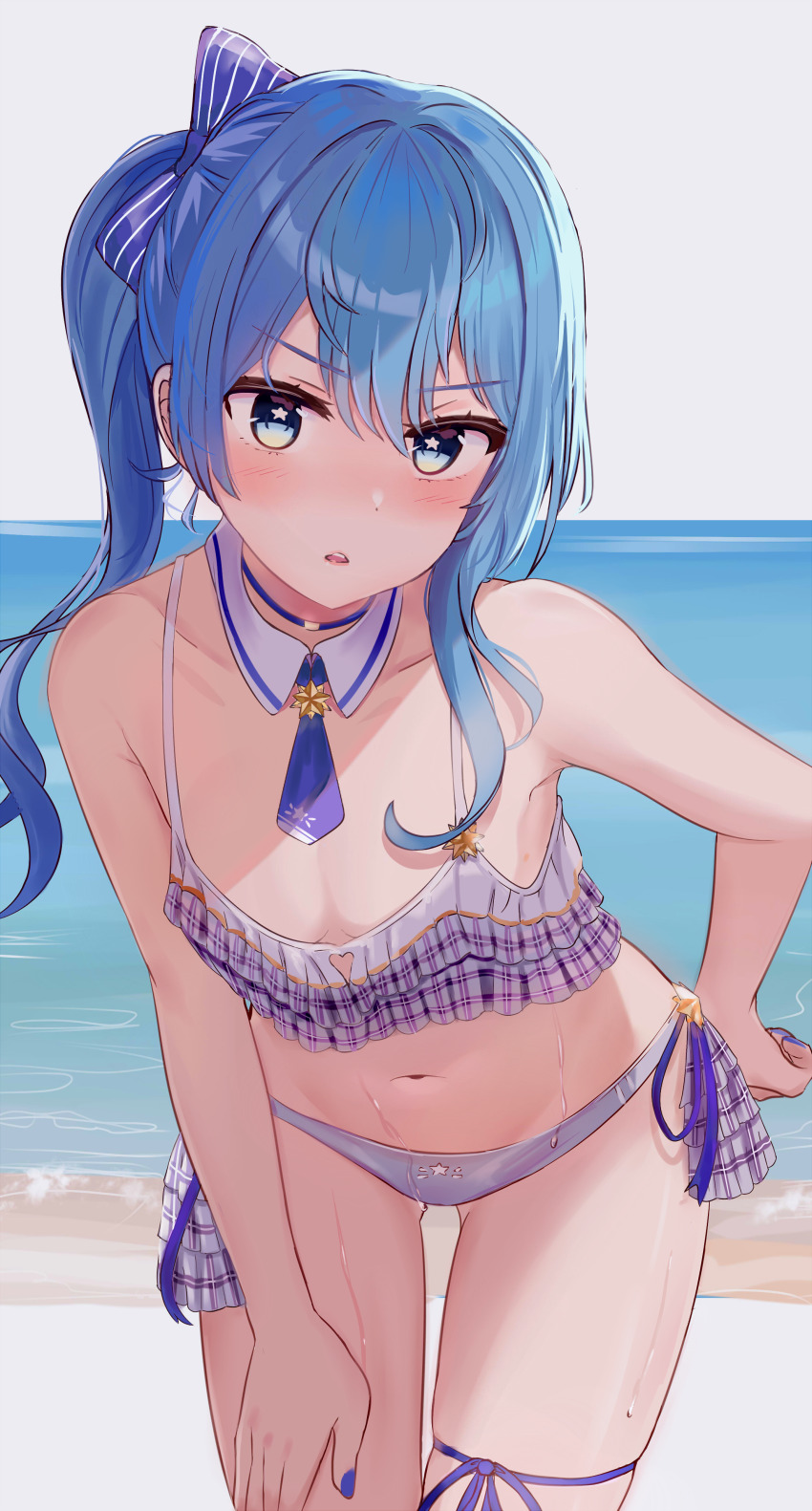 1girl absurdres ascot beach bikini blue_ascot blue_bow blue_eyes blue_hair blue_nails bow detached_collar flat_chest frills hair_bow hand_on_own_hip highres hololive hoshimachi_suisei karu_(karusenpai) leaning_forward looking_at_viewer parted_lips plaid side_ponytail solo star_(symbol) star_in_eye swimsuit symbol_in_eye thigh_strap v-shaped_eyebrows virtual_youtuber wet