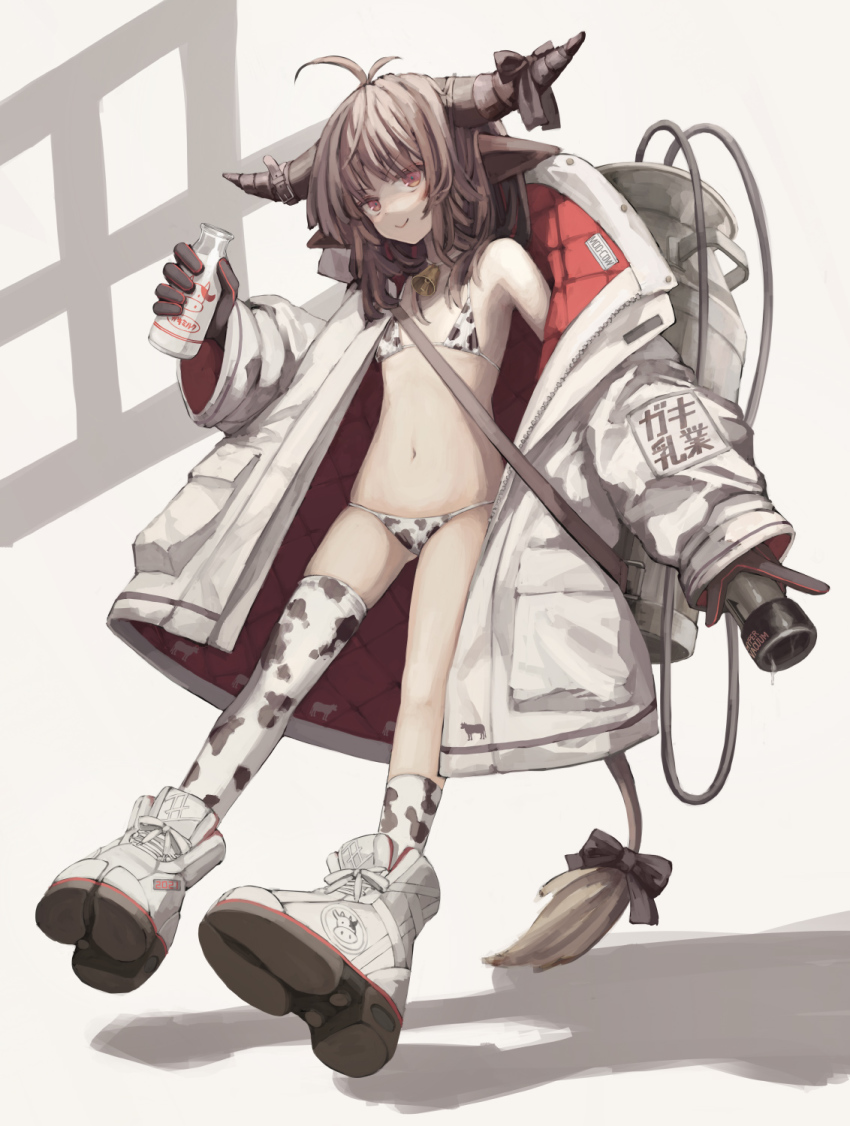 1girl :&gt; animal_ears animal_print antenna_hair aqua_pupils bare_shoulders bell bikini black_bow black_gloves bottle bow brown_hair chinese_zodiac choker closed_mouth coat cow_ears cow_girl cow_horns cow_print cow_print_bikini cow_tail dripping gloves highres holding holding_bottle horns long_hair long_sleeves milk_bottle neck_bell open_clothes open_coat original osobachan padded_coat print_bikini red_eyes shoes single_bare_shoulder single_thighhigh sleeves_past_wrists smile sneakers socks solo swimsuit tail tail_bow tail_ornament thighhighs vacuum_tube white_coat white_shoes year_of_the_ox zipper