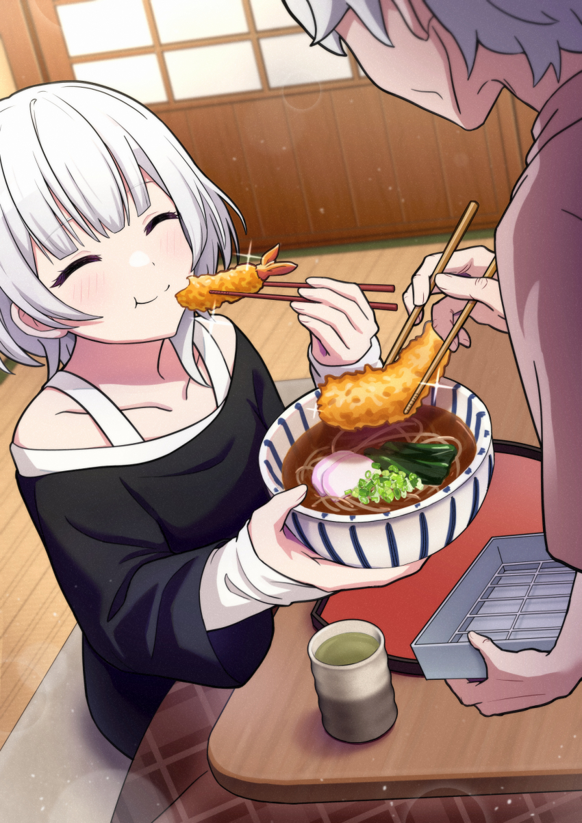 1girl 1other bang_dream! bang_dream!_it&#039;s_mygo!!!!! black_shirt blurry bokeh bowl chopped_spring_onion chopsticks closed_eyes closed_mouth commentary_request depth_of_field eating food green_tea highres holding holding_bowl holding_chopsticks indoors kamaboko kaname_raana kotatsu left-handed light_particles medium_hair narutomaki noodles nori_(seaweed) novi_visual off-shoulder_shirt off_shoulder ramen shirt shrimp shrimp_tempura sitting table tea tempura white_hair