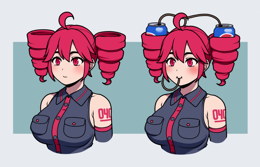 1girl ahoge black_shirt breasts can closed_mouth collared_shirt commentary detached_sleeves drink_can drinking drinking_straw english_commentary hair_between_eyes highres jam-orbital kasane_teto kasane_teto_(utau) large_breasts light_blush long_hair long_sleeves low_twintails red_eyes red_hair shirt sleeveless sleeveless_shirt smile soda soda_can twintails utau