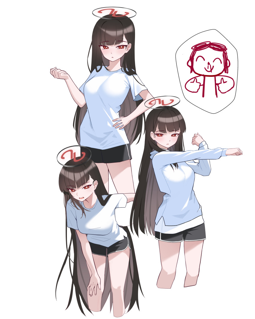 1boy 1girl absurdres bilingual_commentary black_hair blood blue_archive blush commentary doodle_sensei_(blue_archive) double_thumbs_up english_commentary halo hand_on_own_hip hand_on_own_knee highres hood hoodie korean_commentary long_hair magya416 mixed-language_commentary multiple_girls nosebleed open_mouth red_eyes ringed_eyes rio_(blue_archive) sensei_(blue_archive) shorts simple_background smile stretching thumbs_up very_long_hair white_background