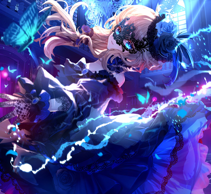 1girl bare_shoulders black_dress black_flower black_gloves black_rose blonde_hair blue_butterfly blue_eyes blue_flower blue_rose blurry bug butterfly commentary_request dress floating_hair flower gloves hair_flower hair_ornament highres indoors insect komorihikki long_hair looking_at_viewer mask original parted_lips rose sensitive solo
