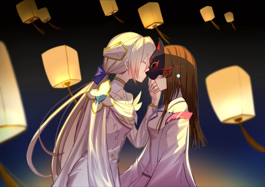 2girls blonde_hair braid breasts brown_hair commission dress fox_mask hair_ornament hair_stick heaven_burns_red kiryuu_miya kr_woyue lantern long_hair mask mask_on_head multiple_girls paper_lantern ponytail shirakawa_yuina shirt sidelocks sky_lantern white_dress white_shirt wide_sleeves yuri