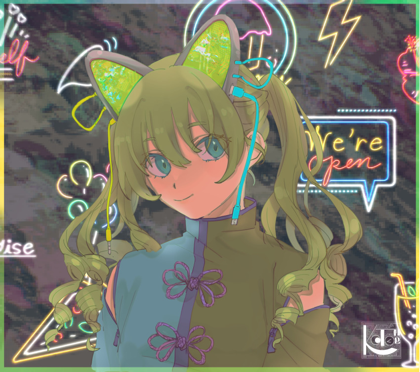 1girl alcohol animal_ears blue_eyes cable cupcake detached_sleeves english_text eyelashes fake_animal_ears food glitch green_hair grus_(vrchat) hair_between_eyes kotone0220 lightning_bolt_symbol long_hair long_sleeves mosaic_background neon_lights pizza smile solo speech_bubble twintails vrchat zipper