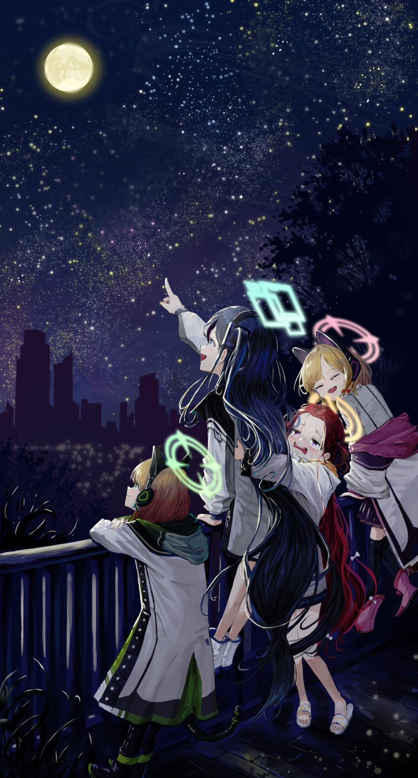 4girls against_railing animal_ear_headphones animal_ears aris_(blue_archive) black_footwear black_hair blonde_hair blue_archive blush cat_ear_headphones closed_eyes fake_animal_ears forehead headphones highres hug hug_from_behind jacket kongaru_123 long_hair midori_(blue_archive) momoi_(blue_archive) moon multiple_girls one_side_up open_mouth pointing pointing_up purple_eyes railing red_hair shirt sidelocks skyline slippers smile star_(sky) very_long_hair white_footwear white_jacket white_shirt yuzu_(blue_archive)