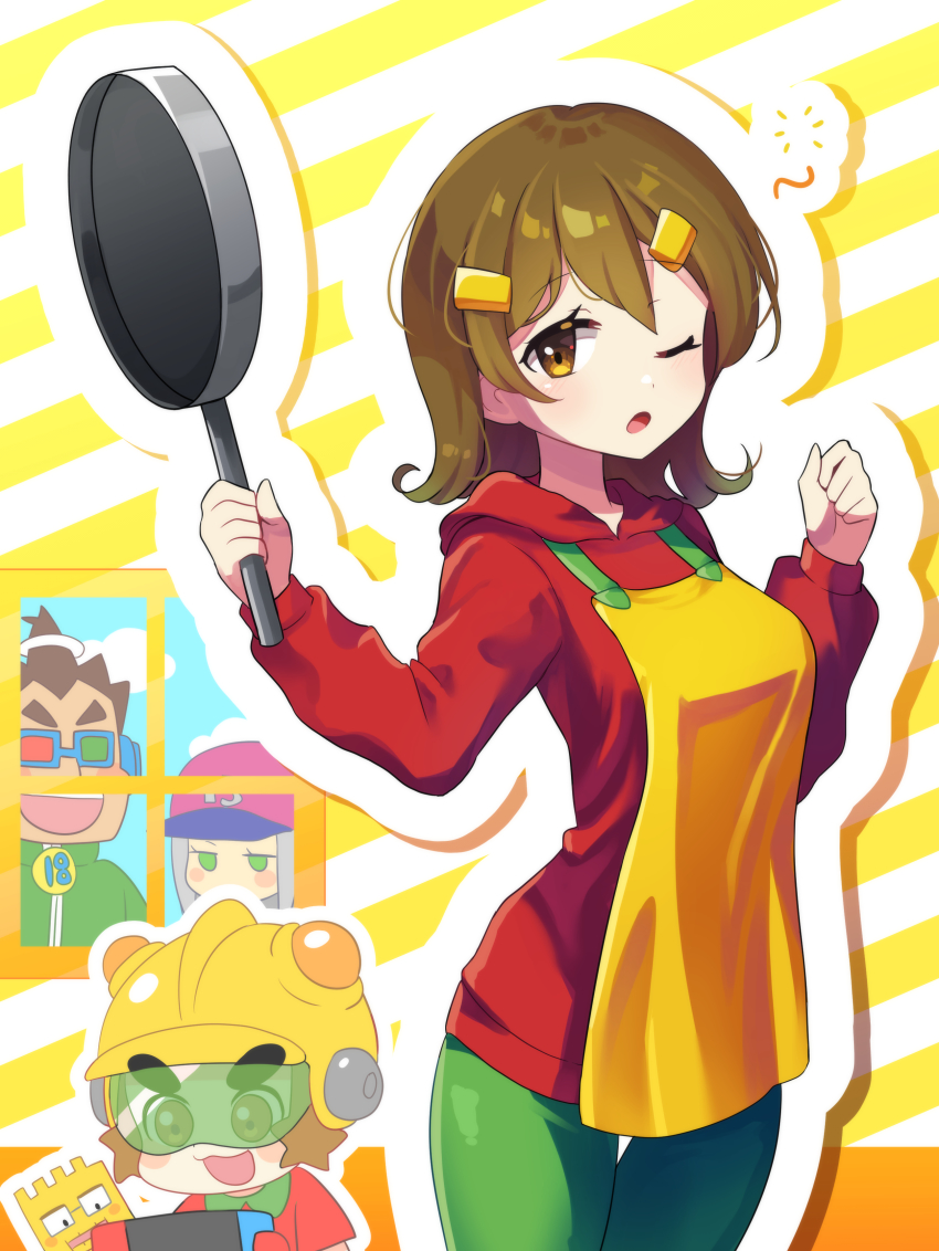 13-amp 18-volt 2boys 2girls 5-volt 9-volt absurdres apron brown_eyes brown_hair fronk frying_pan green_eyes grey_hair hair_ornament hairclip heterochromatic_eyewear highres holding holding_frying_pan hood hood_down hoodie long_hair long_sleeves looking_at_another looking_at_viewer looking_away multiple_boys multiple_girls nintendo nintendo_switch offbeat parted_lips red_hoodie short_hair tinted_eyewear warioware window yellow_apron