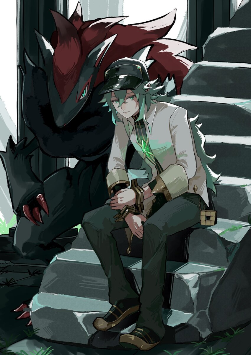 1boy black_hat closed_mouth game_freak gen_5_pokemon green_eyes green_hair hair_between_eyes hat highres long_hair long_sleeves looking_at_viewer male_focus n_(arc_suit)_(pokemon) n_(pokemon) nintendo official_alternate_costume pants pokemon pokemon_(creature) pokemon_masters_ex shirt sitting syusyaku white_shirt zoroark