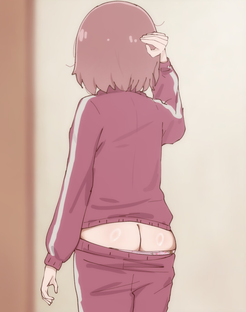 1girl ass back brown_hair butt_crack clothes_pull clueless highres hoshino_miyako_(wataten) jacket long_sleeves medium_hair panties pants pants_pull panty_pull pink_panties poa_mellhen red_jacket red_pants track_jacket underwear wardrobe_malfunction watashi_ni_tenshi_ga_maiorita!