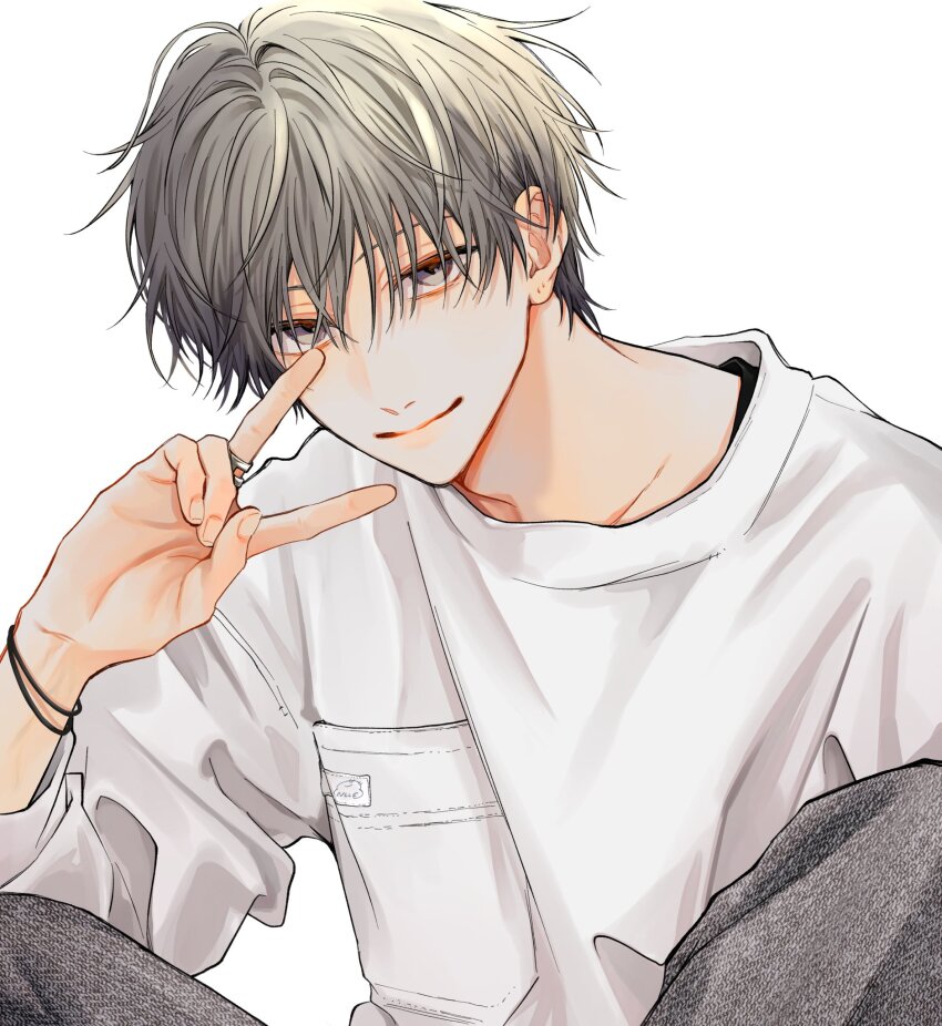 1boy adam&#039;s_apple bracelet closed_mouth en_(e898n) eyes_visible_through_hair grey_eyes grey_hair grey_pants hair_over_eyes highres jewelry long_sleeves looking_at_viewer male_focus original pants ring shirt short_hair simple_background smile solo upper_body v white_background white_shirt