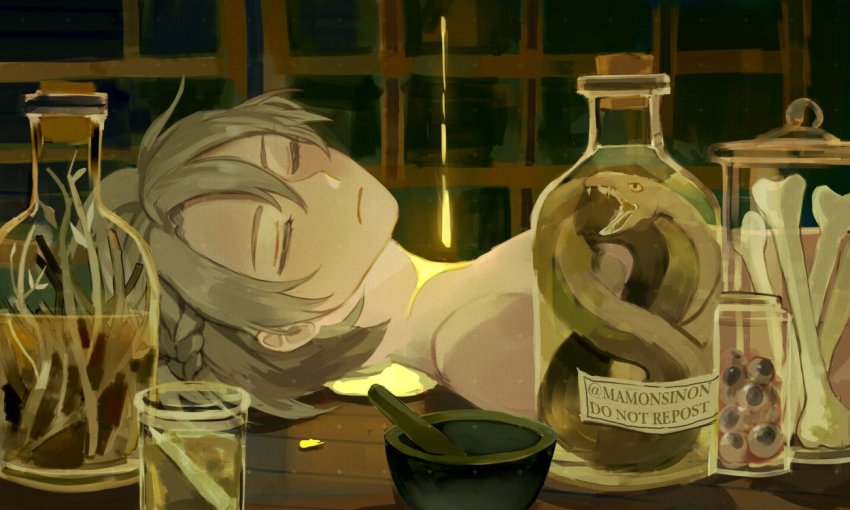 1boy albedo_(genshin_impact) artist_name braid closed_mouth commentary_request crown_braid closed_eyes genshin_impact indoors jar light_brown_hair male_focus mamonsinon nude pestle short_hair sleeping snake upper_body